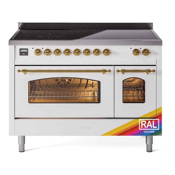 ILVE Nostalgie II 48-Inch Freestanding Electric Induction Range in Custom RAL with Brass Trim (UPI486NMPRAG)