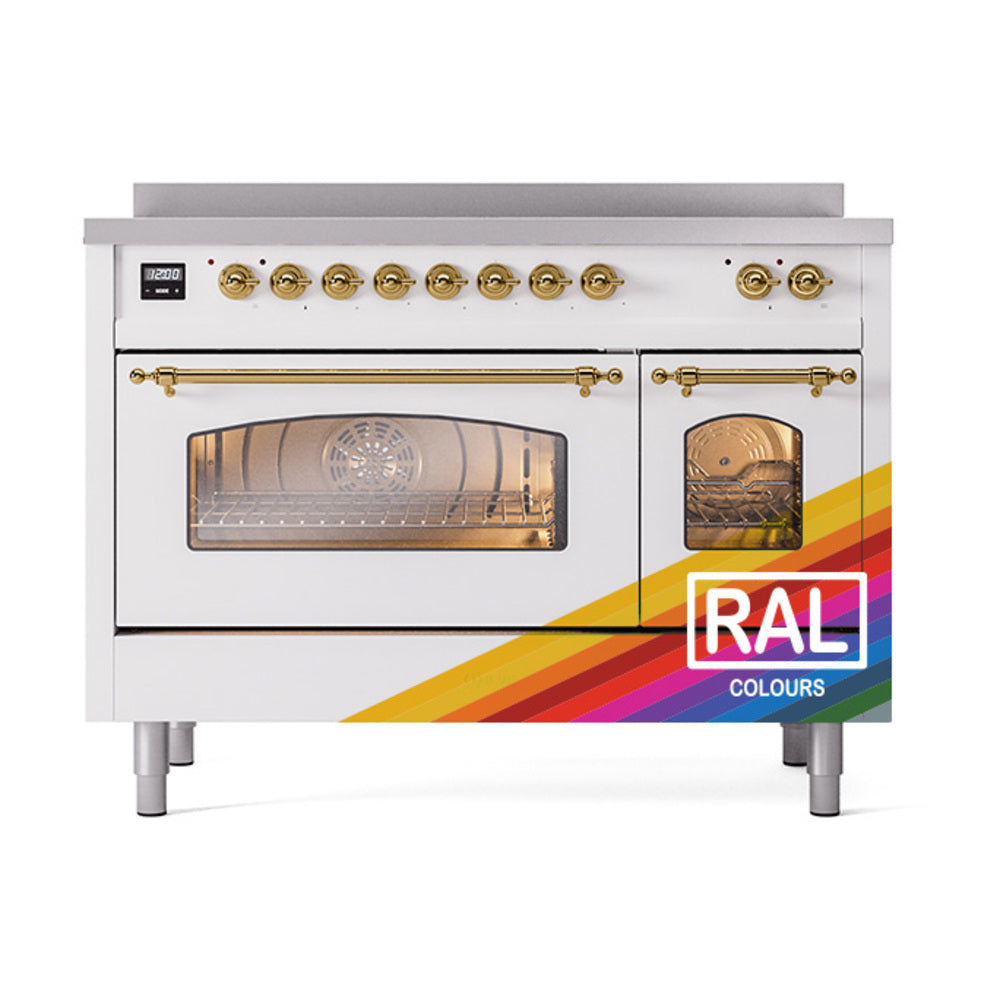Freestanding induction range with two oven doors, one open, brass control knobs
