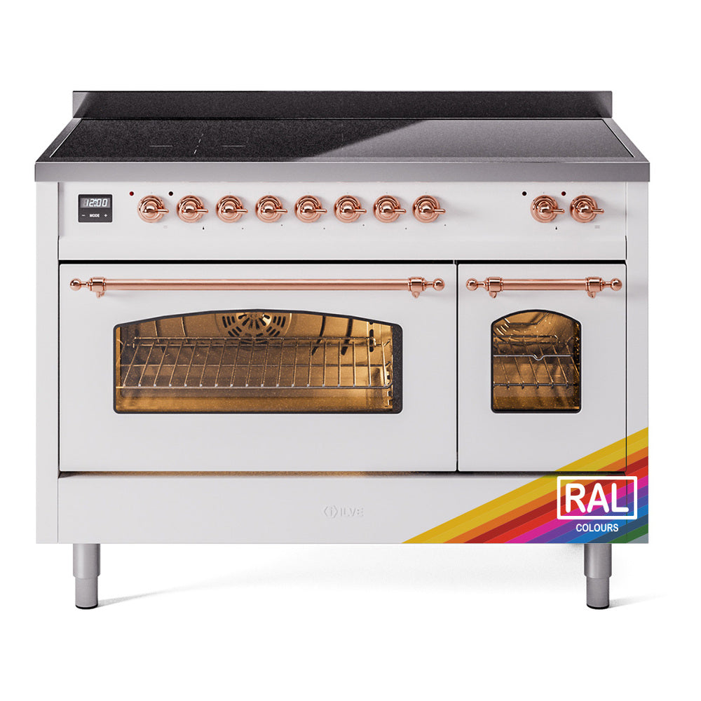 Freestanding induction range front with open ovens, copper handles, and RAL Colors label