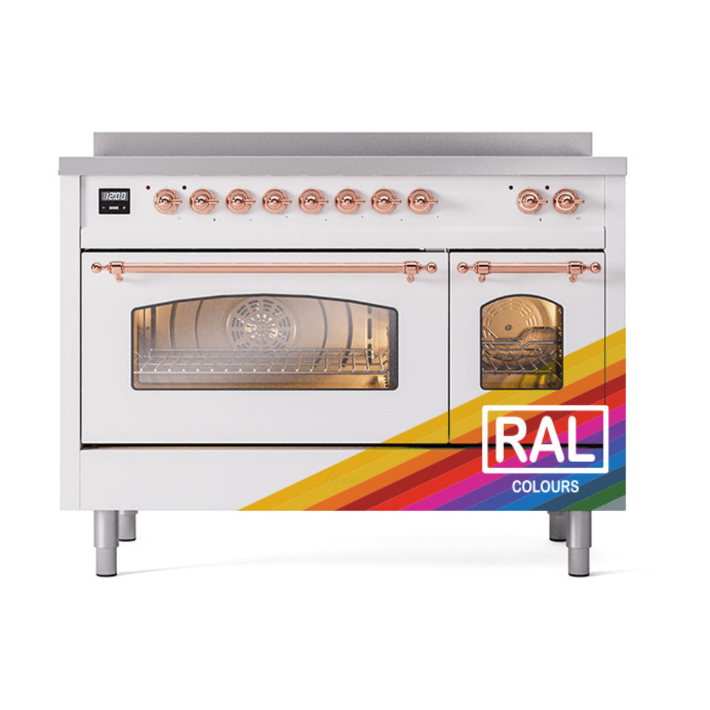 Freestanding induction range front panel with copper control knobs and dual oven doors