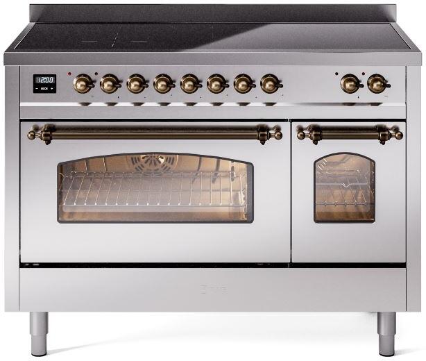 Electric induction range with left oven open and right oven window, bronze trim knobs
