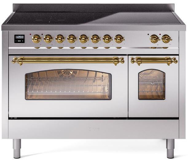 Stainless steel induction range with brass trim, control knobs and closed glass oven doors