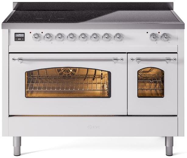 White freestanding induction range with oven doors open, interior racks and dark warming drawer