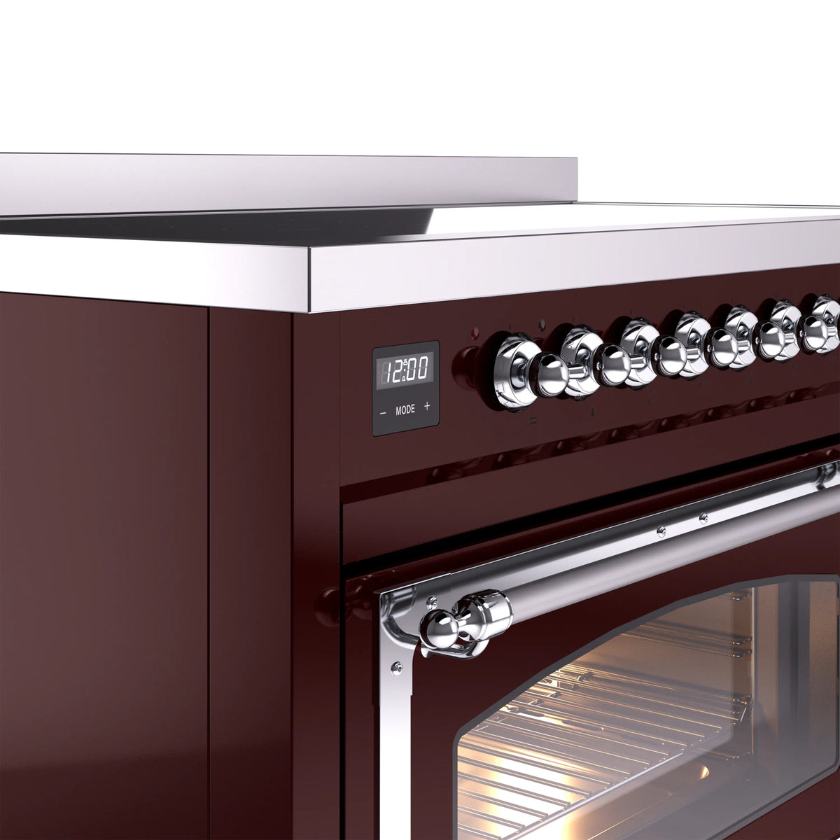 Burgundy induction range control panel with clock display, chrome knobs, and oven handle