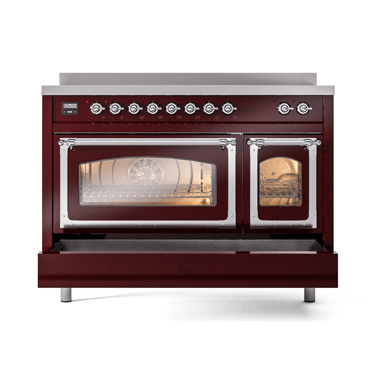 Burgundy induction range with large oven door and smaller door open, racks and warm interior