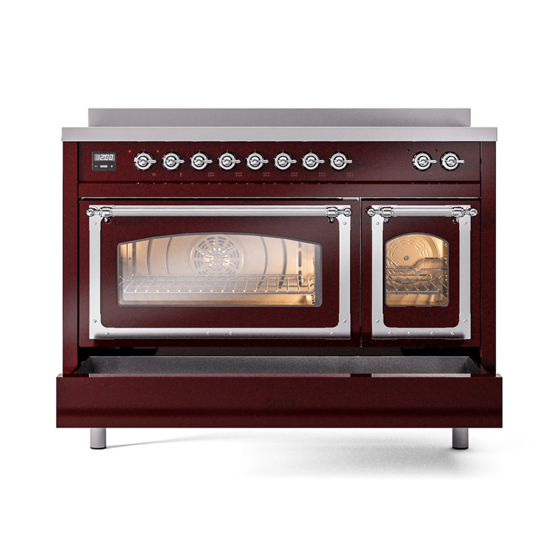 ILVE Nostalgie II Noblesse 48-Inch Induction Range with Triple Glass Door in Burgundy with Chrome Trim (UNI486NMPBUC)