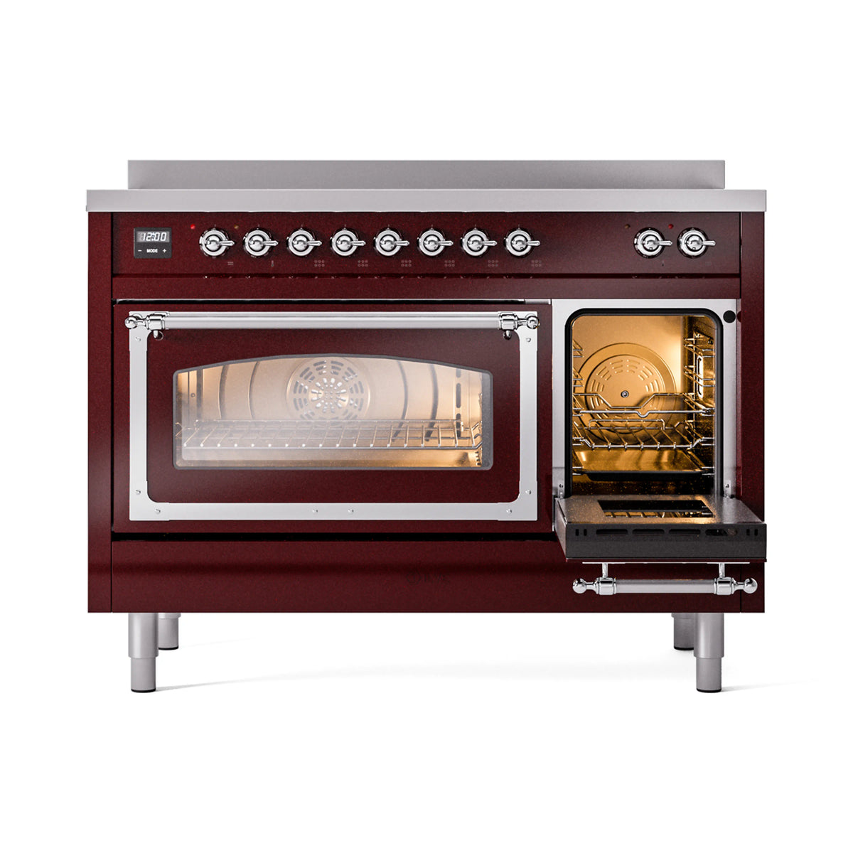 Burgundy induction range with triple glass oven doors and chrome trim, front control knobs