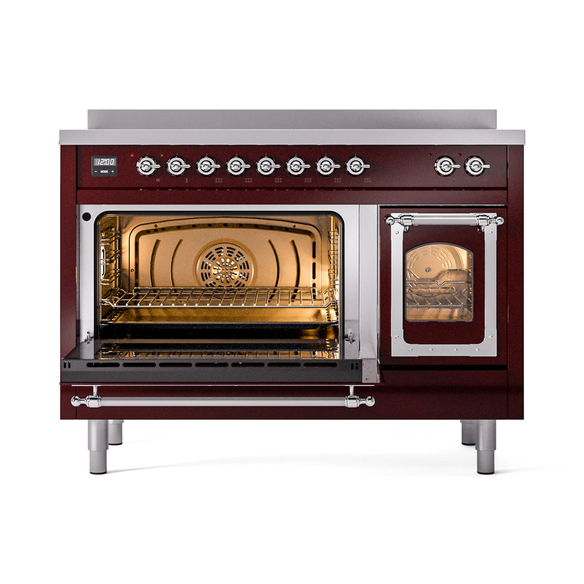 Burgundy induction range with both oven doors open, chrome handle and interior racks visible