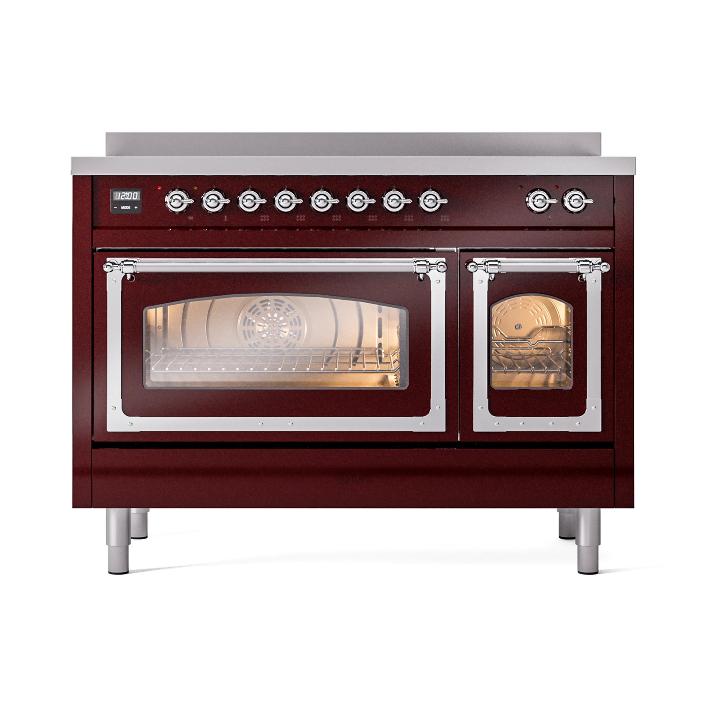 Burgundy induction range with oven door closed and adjacent smaller glass door, chrome trim
