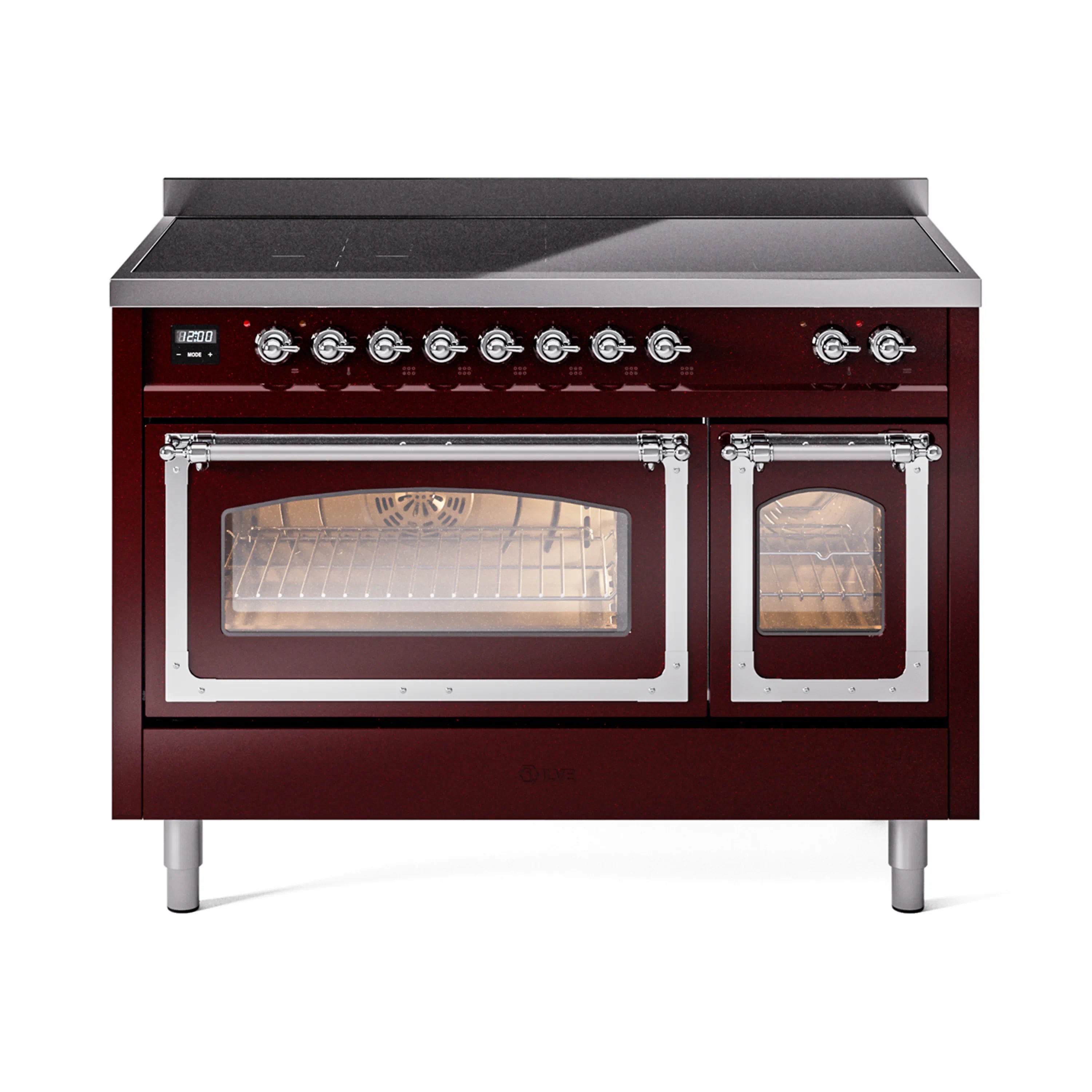 Burgundy induction range with oven door glass panels and front control knobs, chrome accents