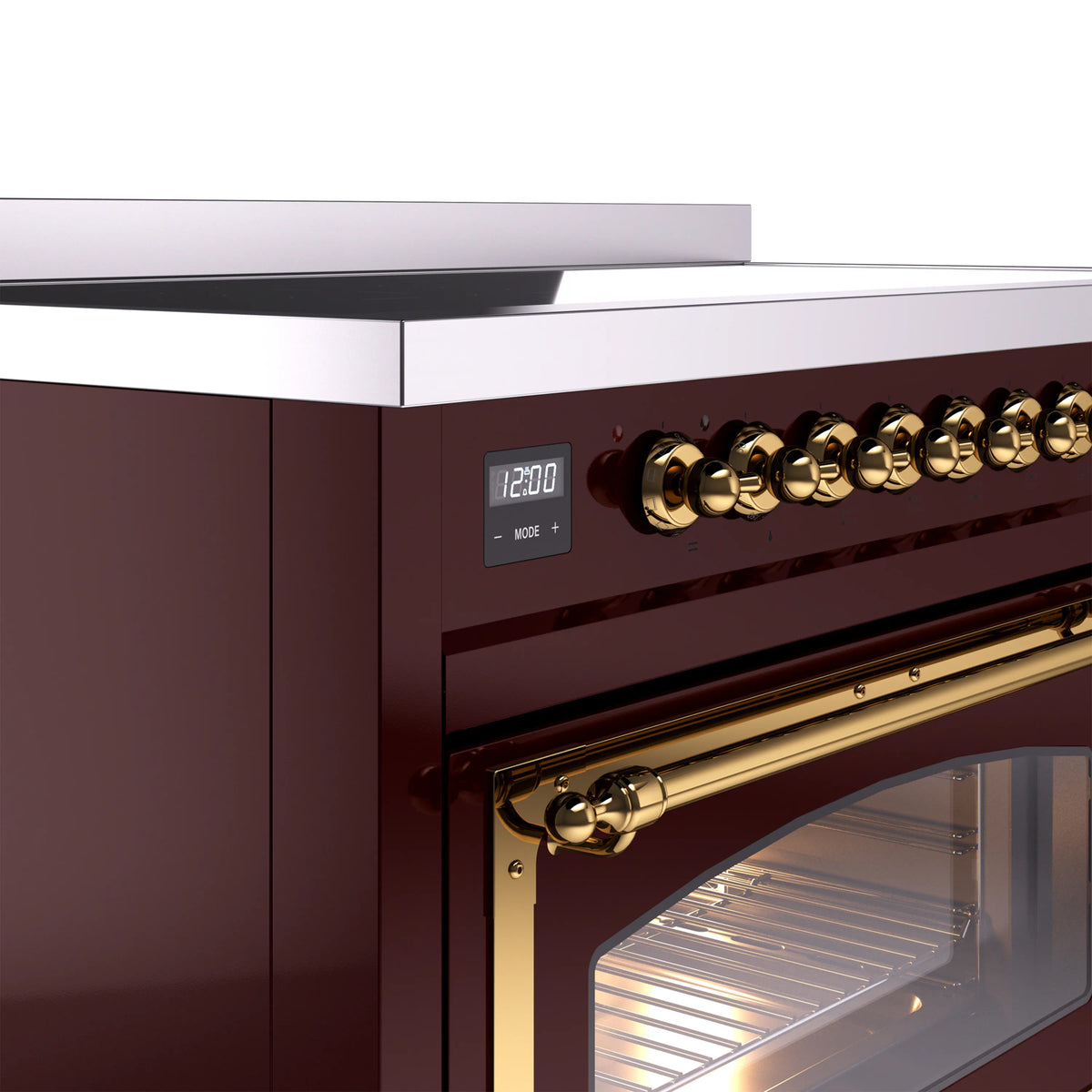 Induction range control panel with digital display and brass knob row