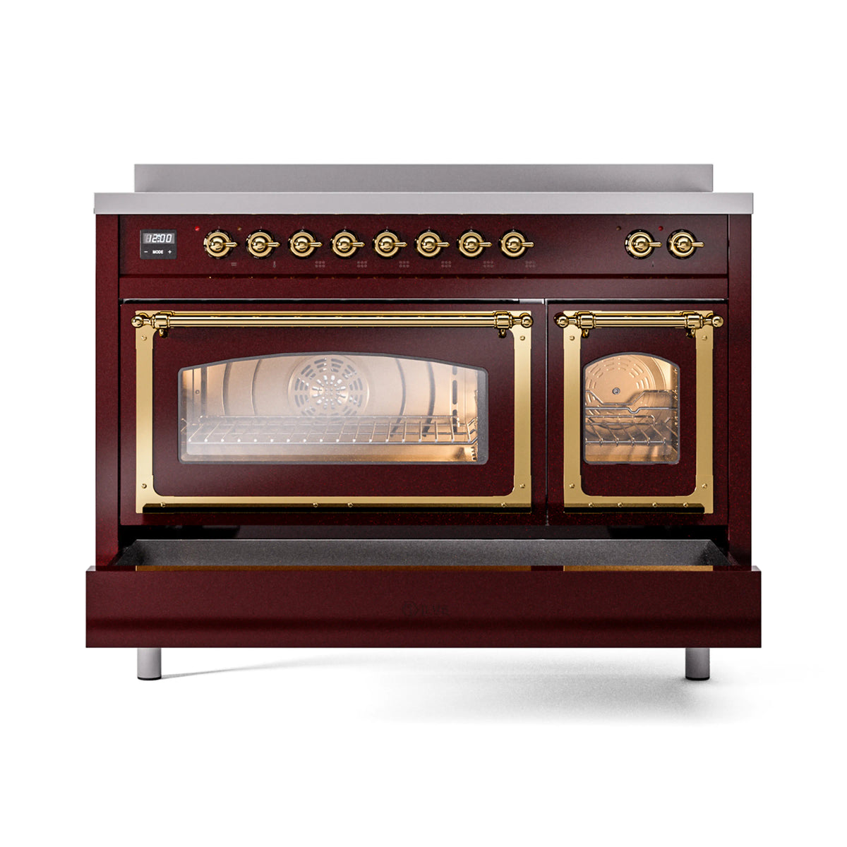 Burgundy induction range with two glass oven doors and brass trim, front view