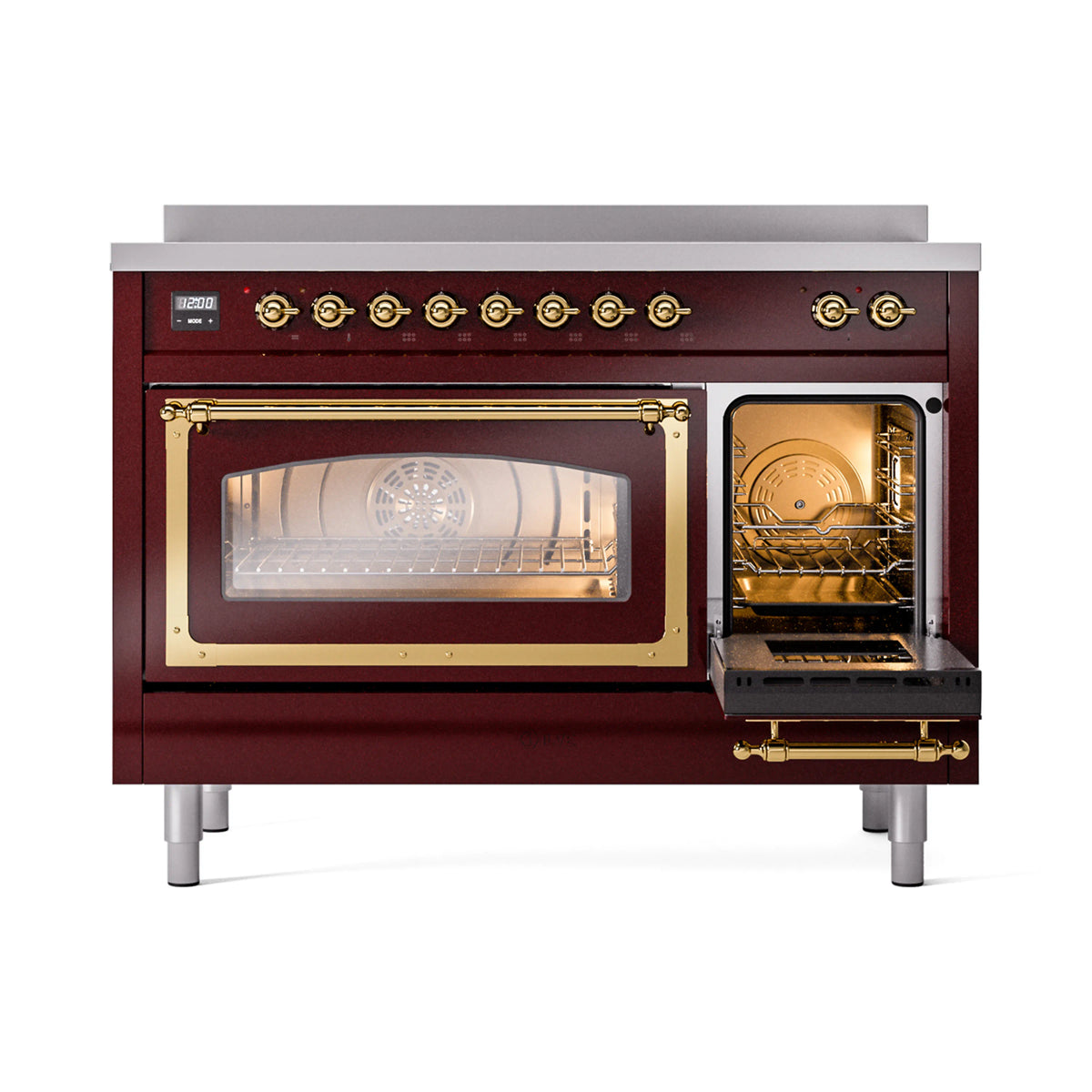 Burgundy induction range with right oven door open, brass trim, interior lighting