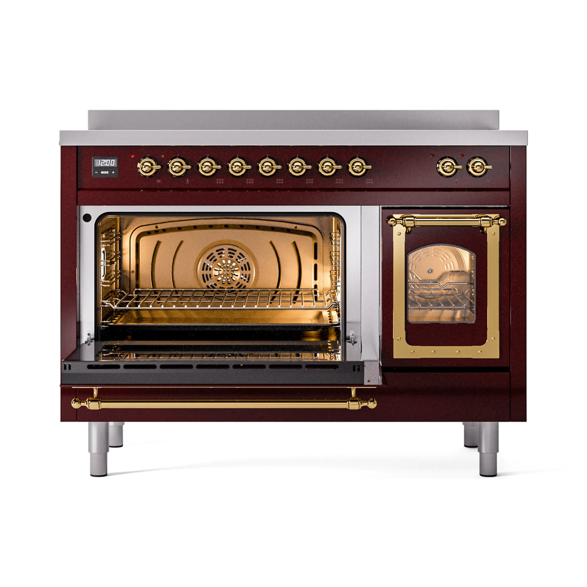 Burgundy induction range with left oven door open and right glass door, brass trim
