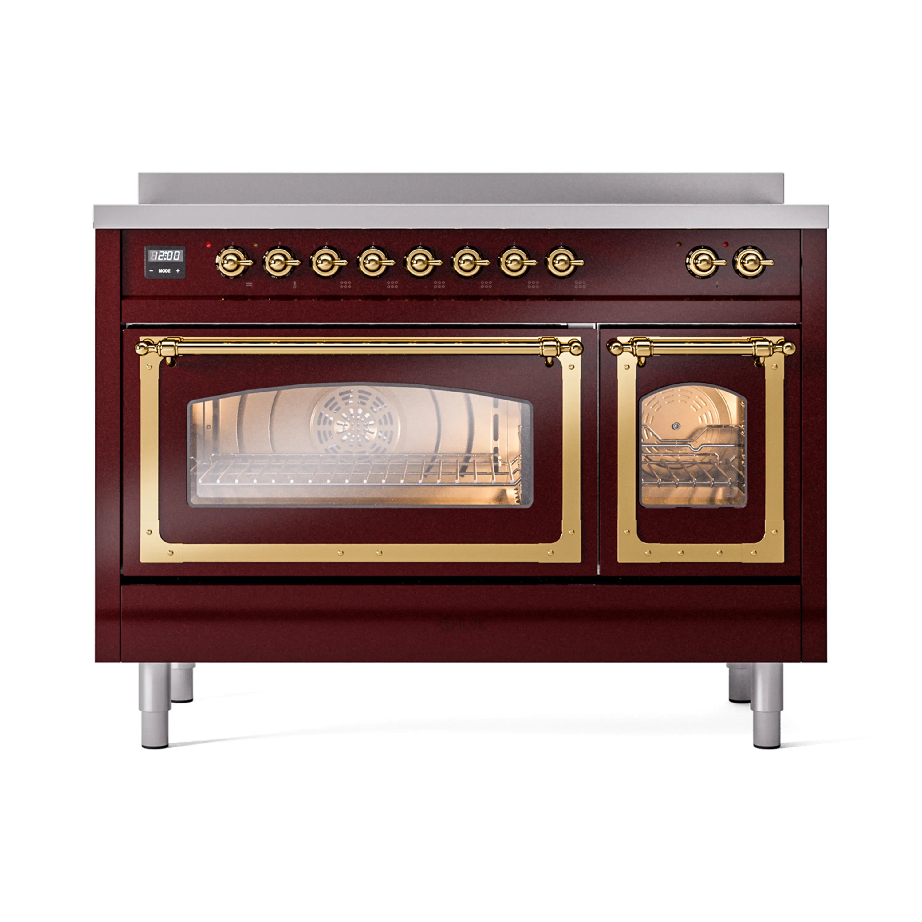 Burgundy induction range with triple glass oven doors and brass trim, front view