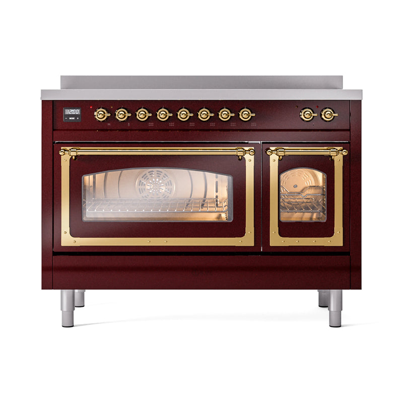 ILVE Nostalgie II Noblesse 48-Inch Induction Range with Triple Glass Door in Burgundy with Brass Trim (UNI486NMPBUG)