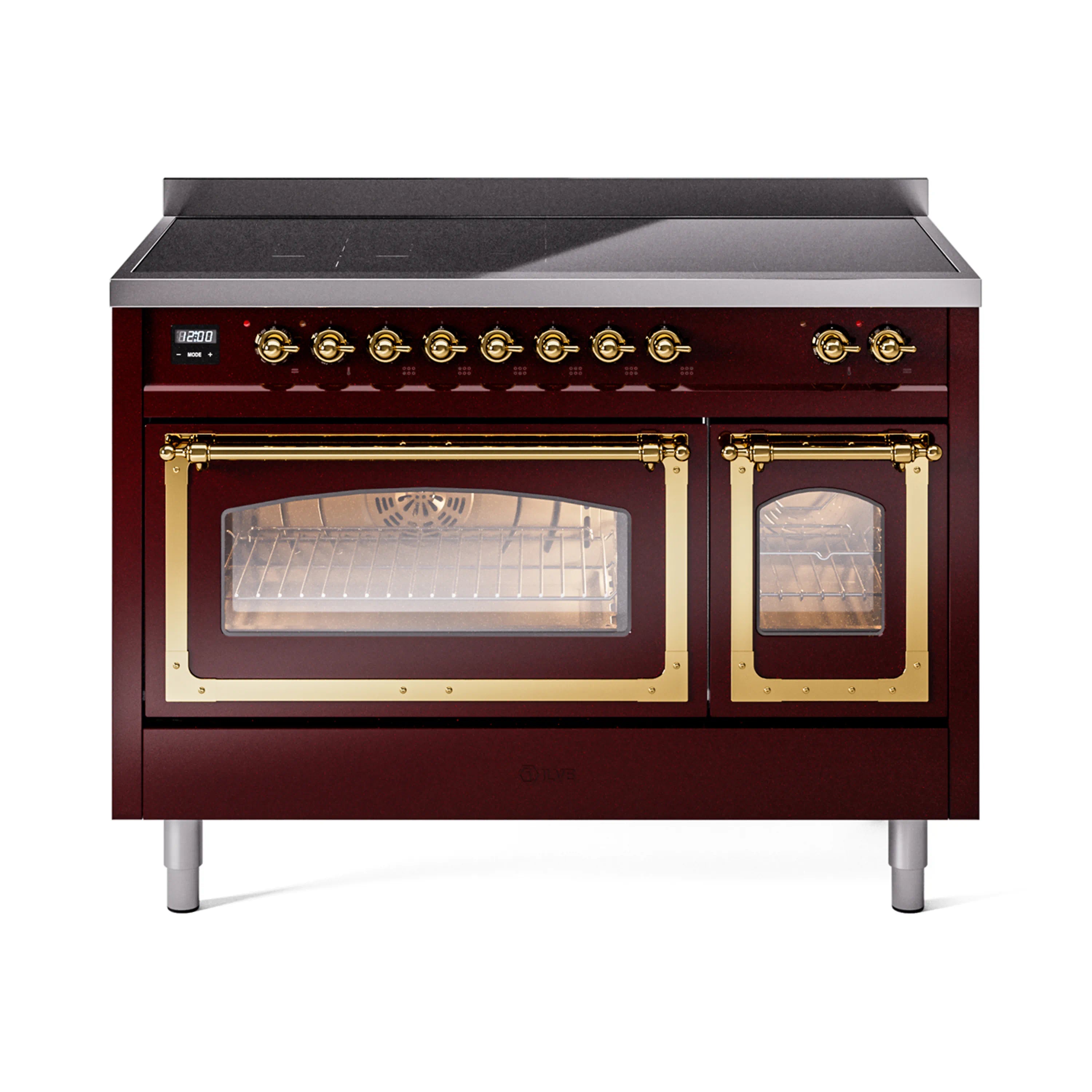 Burgundy induction range with dual glass oven doors and brass trim, front view