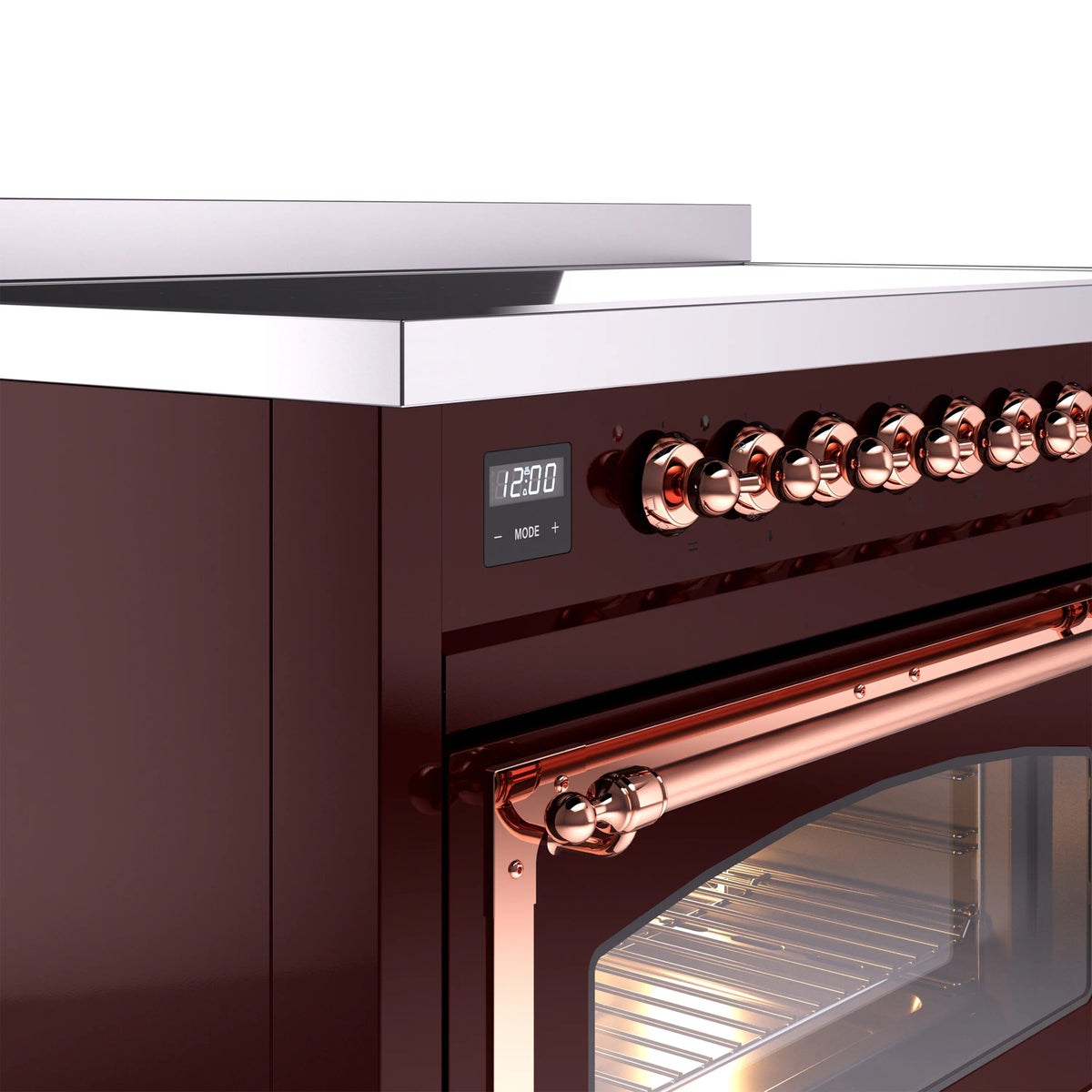 Burgundy induction range console with copper knobs and clock display, oven door ajar