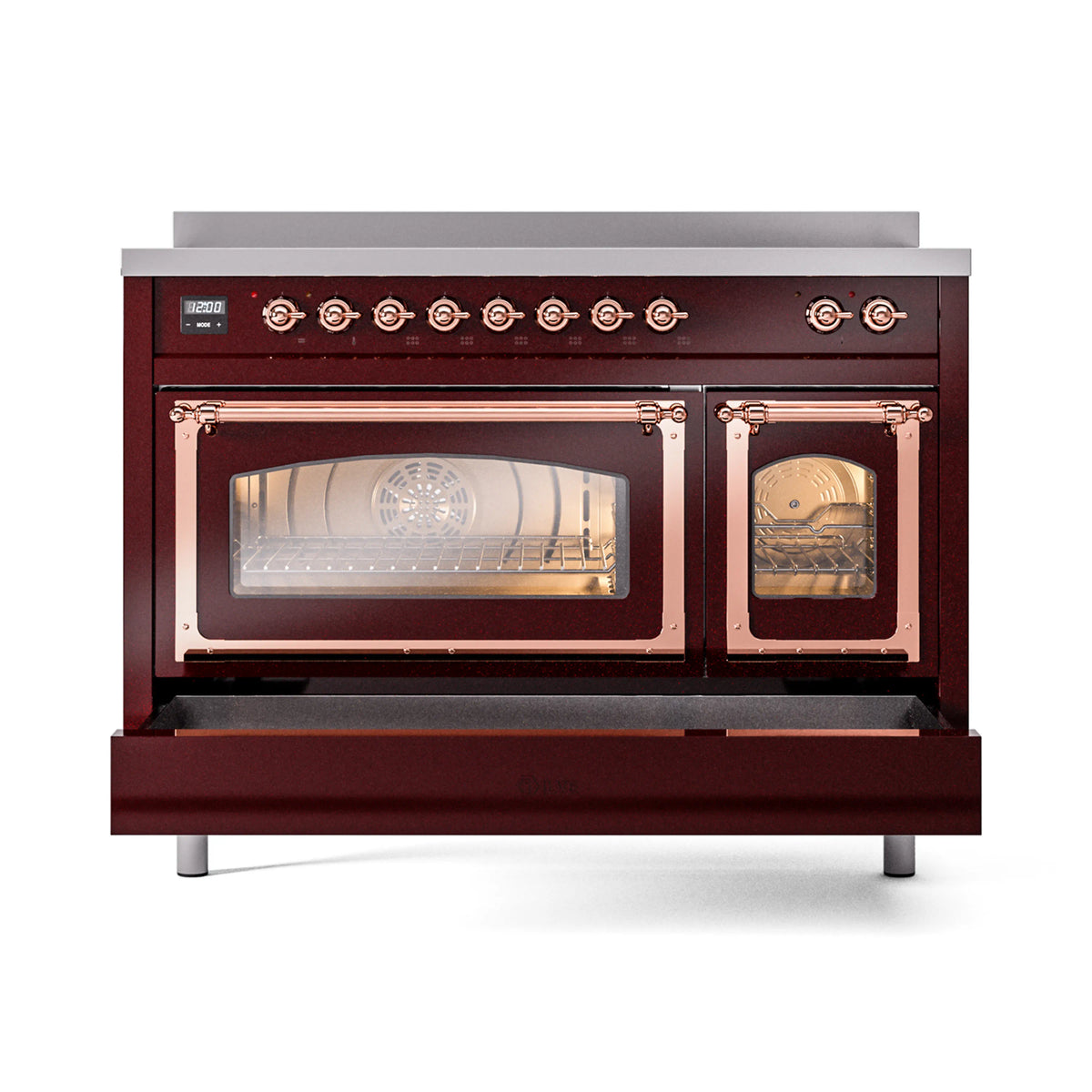 Burgundy induction range with dual oven doors and copper trim, both ovens open