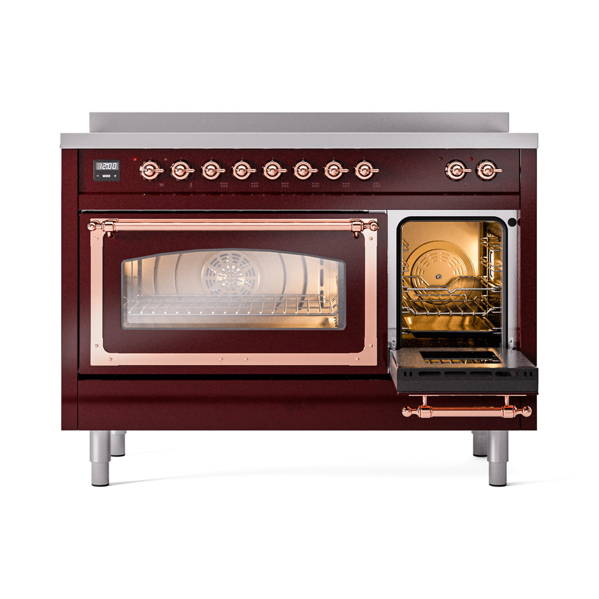 Burgundy induction range with one oven door open and copper trim, racks visible
