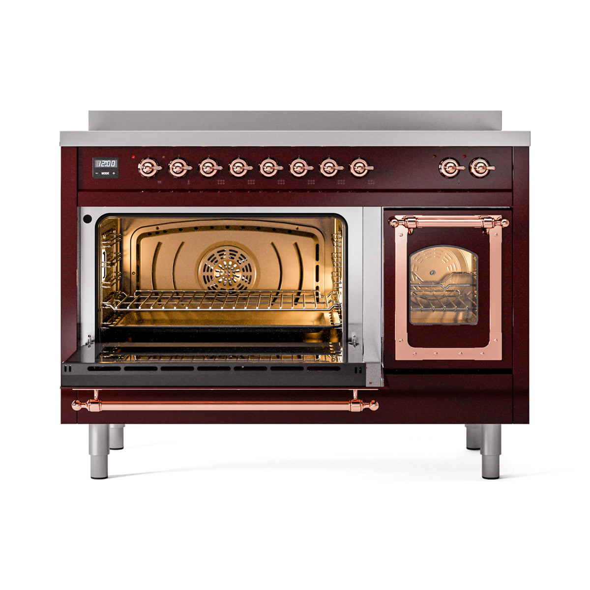 Burgundy induction range with oven interiors lit, copper trim, glass door detail