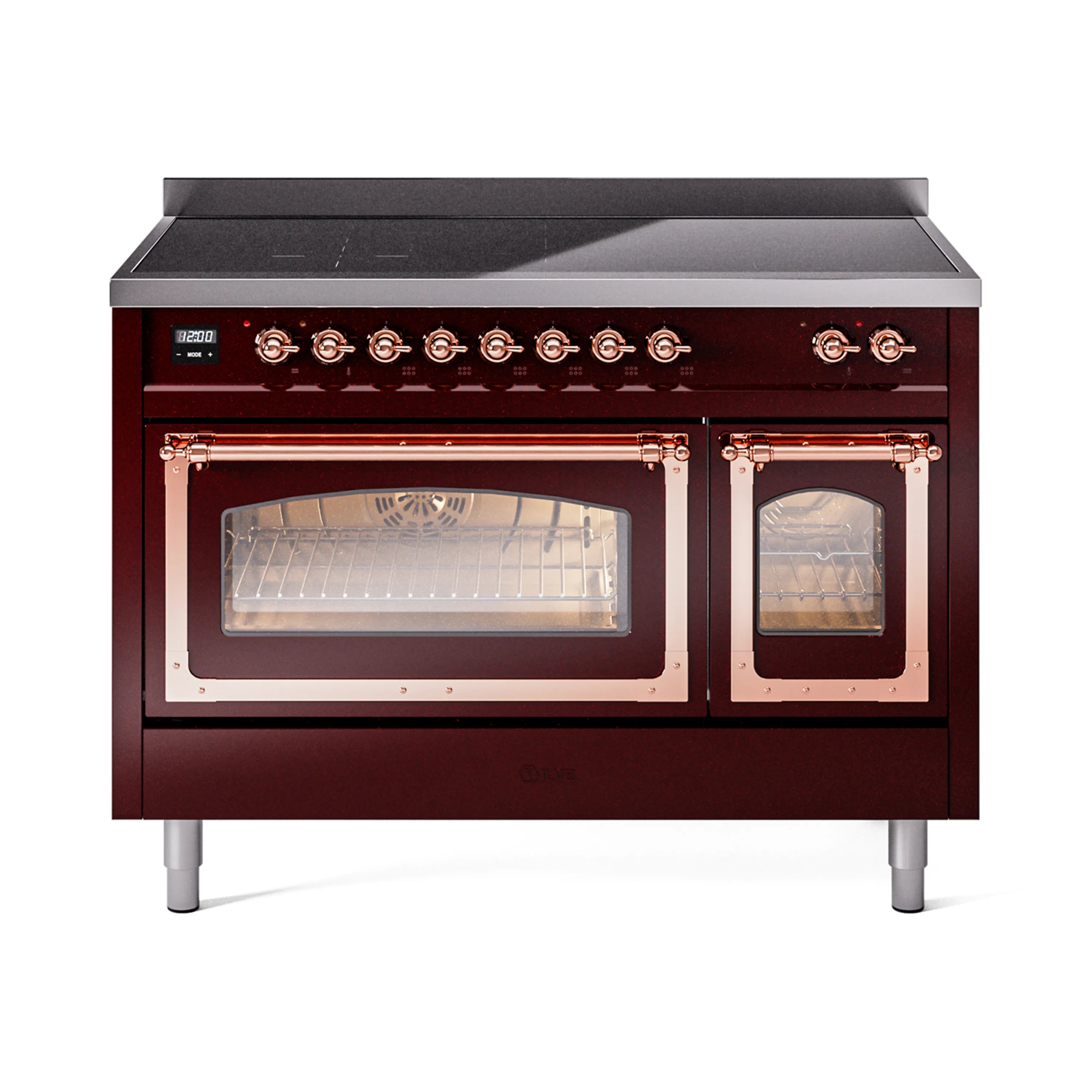 Burgundy induction range with front glass oven doors open, copper trim, racks visible