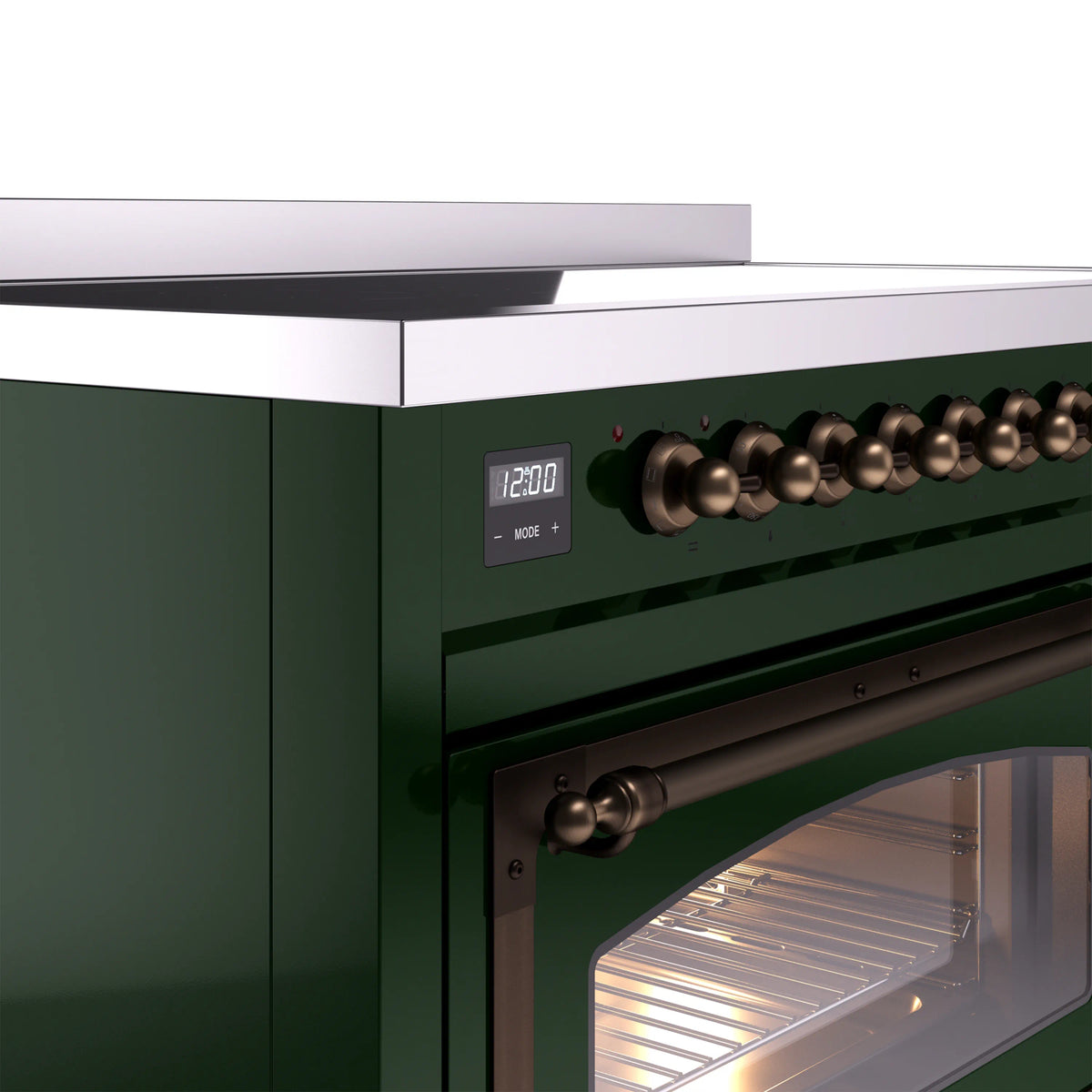 Bronze control knobs and digital display on emerald green induction range