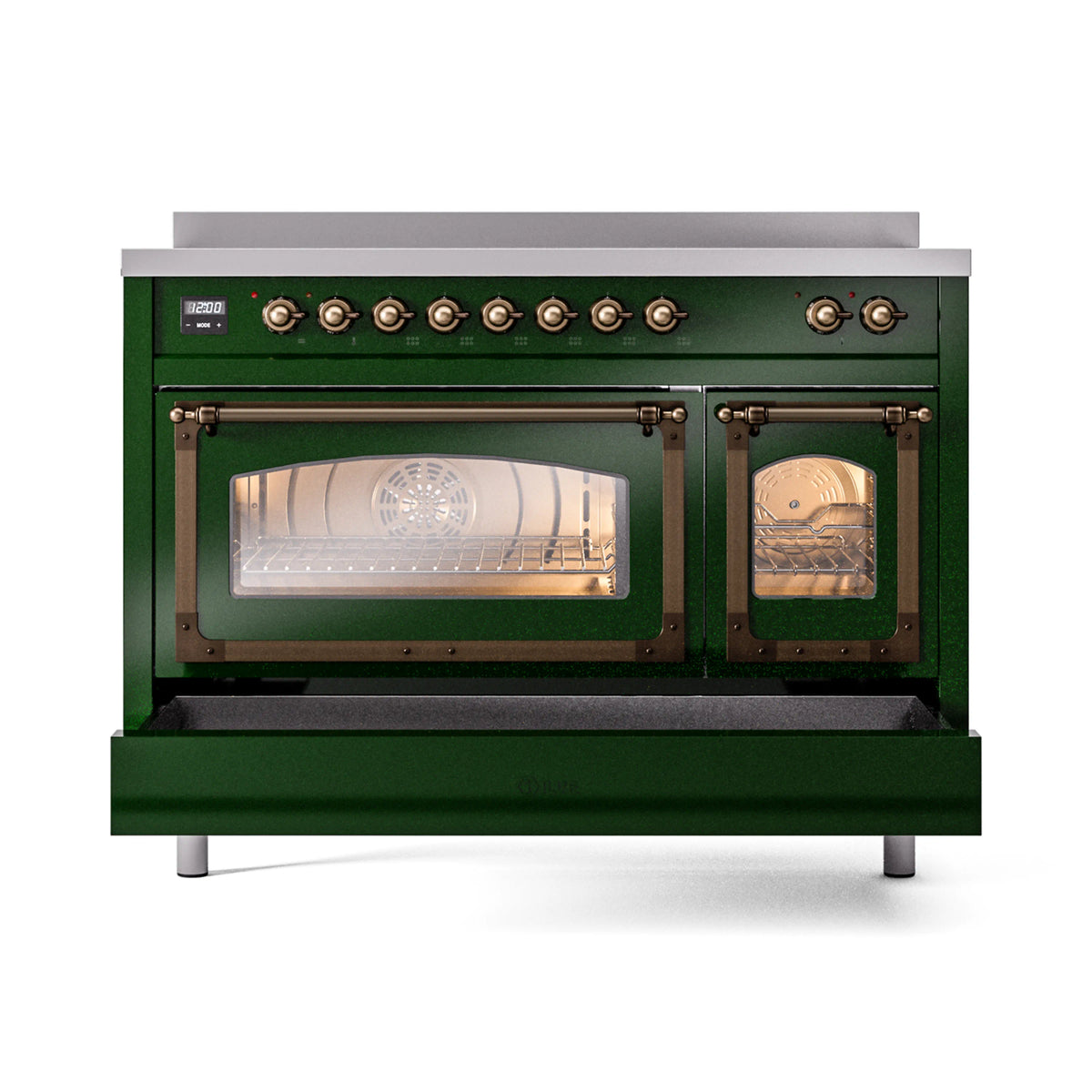 Emerald green induction range with bronze-trim knobs and closed triple-glass oven doors