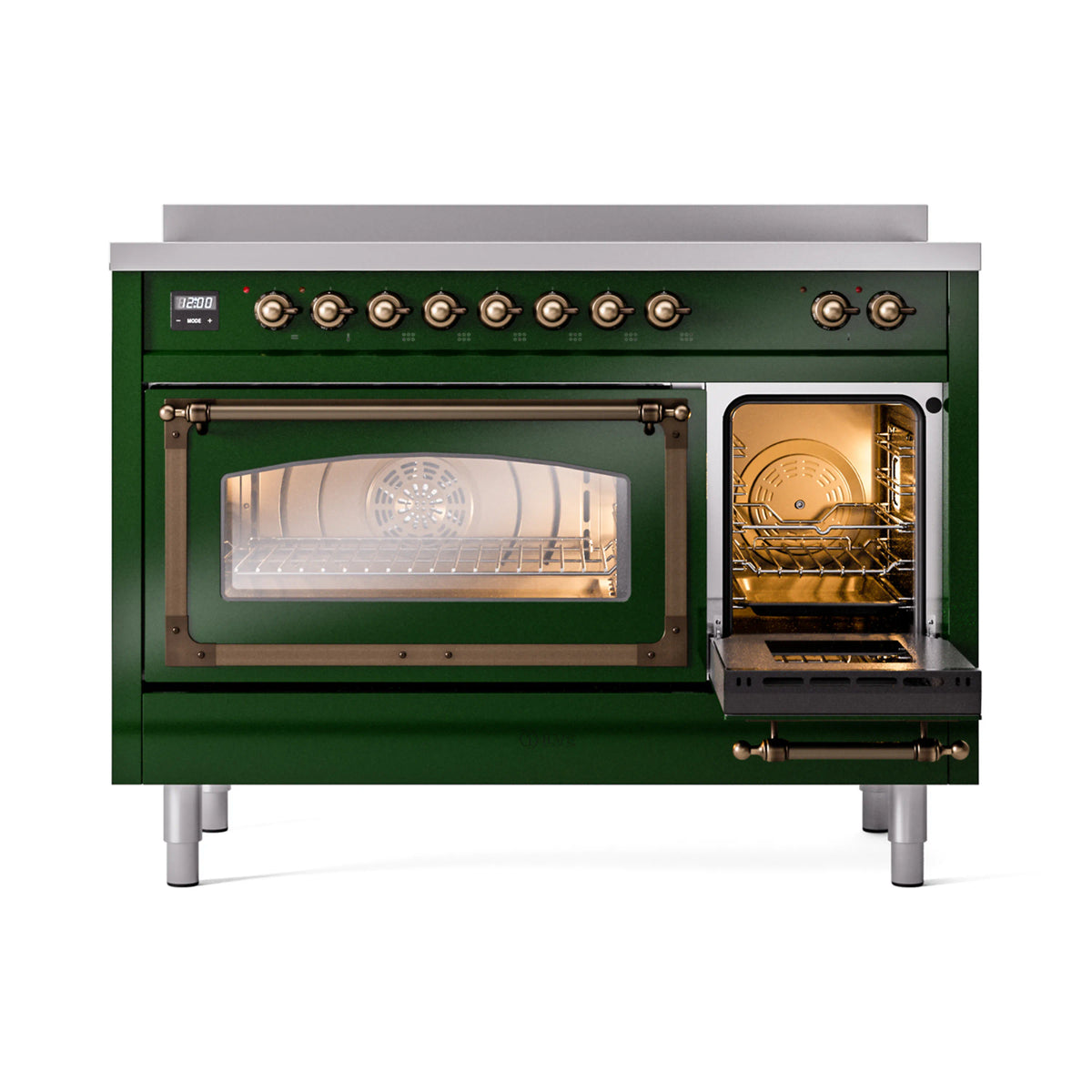 Emerald green induction range with bronze trim, left oven lit, right oven door open