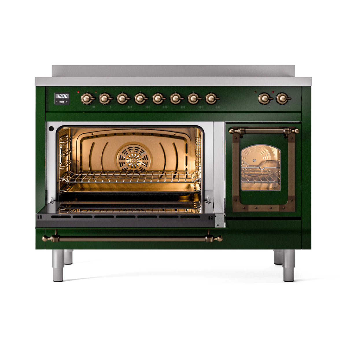 Emerald green induction range with both ovens open, bronze-trim doors, interior racks visible