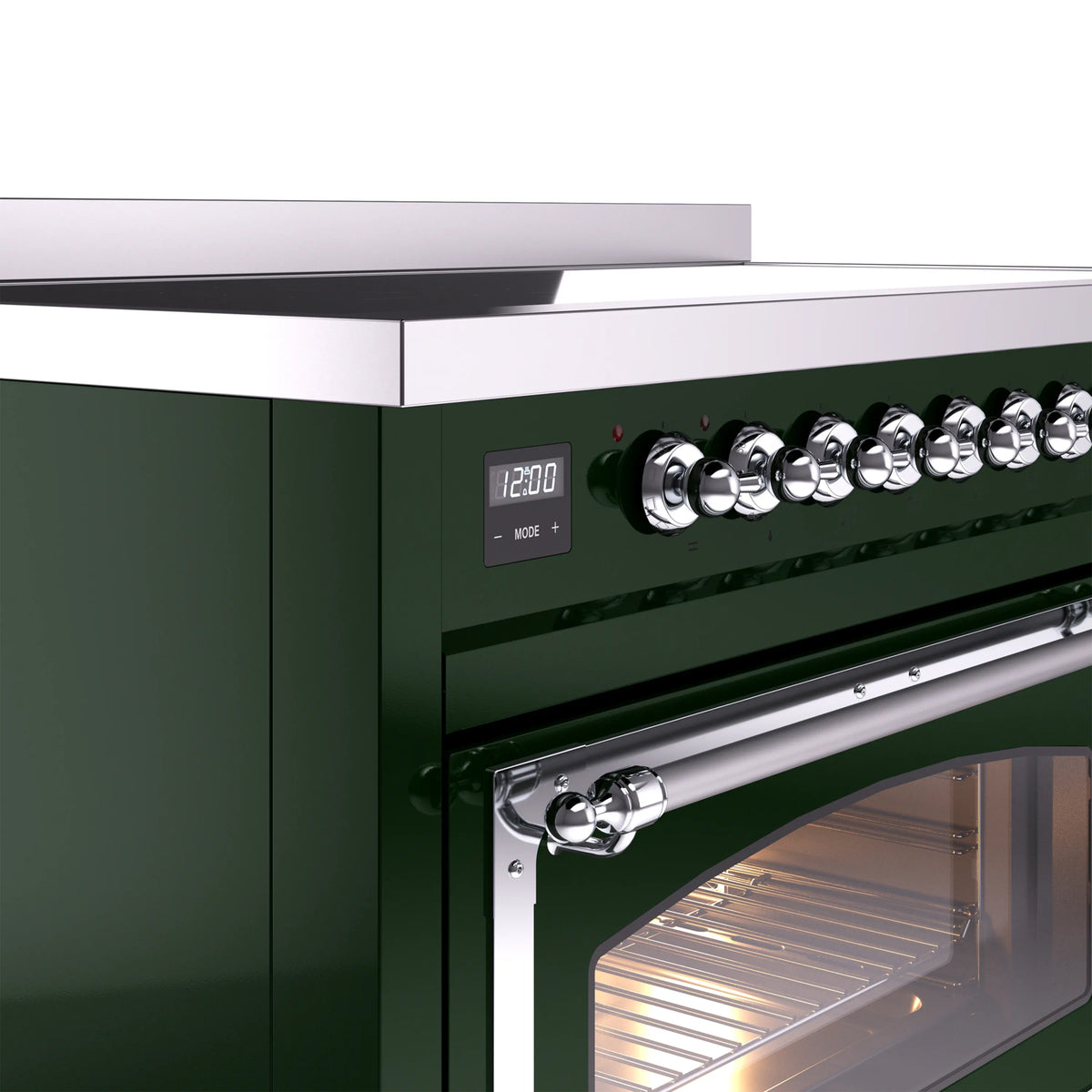 Emerald green induction range front control knobs and open oven door with handle