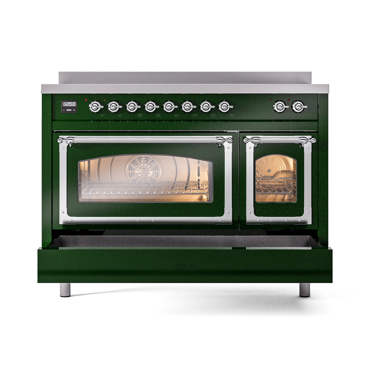 Emerald green induction range with both oven doors closed, chrome trim, and knob controls