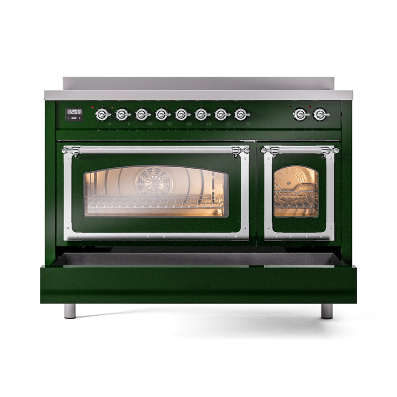 ILVE Nostalgie II Noblesse 48-Inch Induction Range with Triple Glass Door in Emerald Green with Chrome Trim (UNI486NMPEGC)