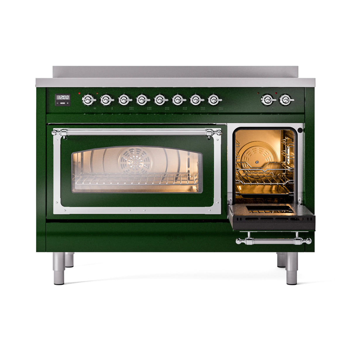 Emerald green induction range with left oven door open and right oven door open