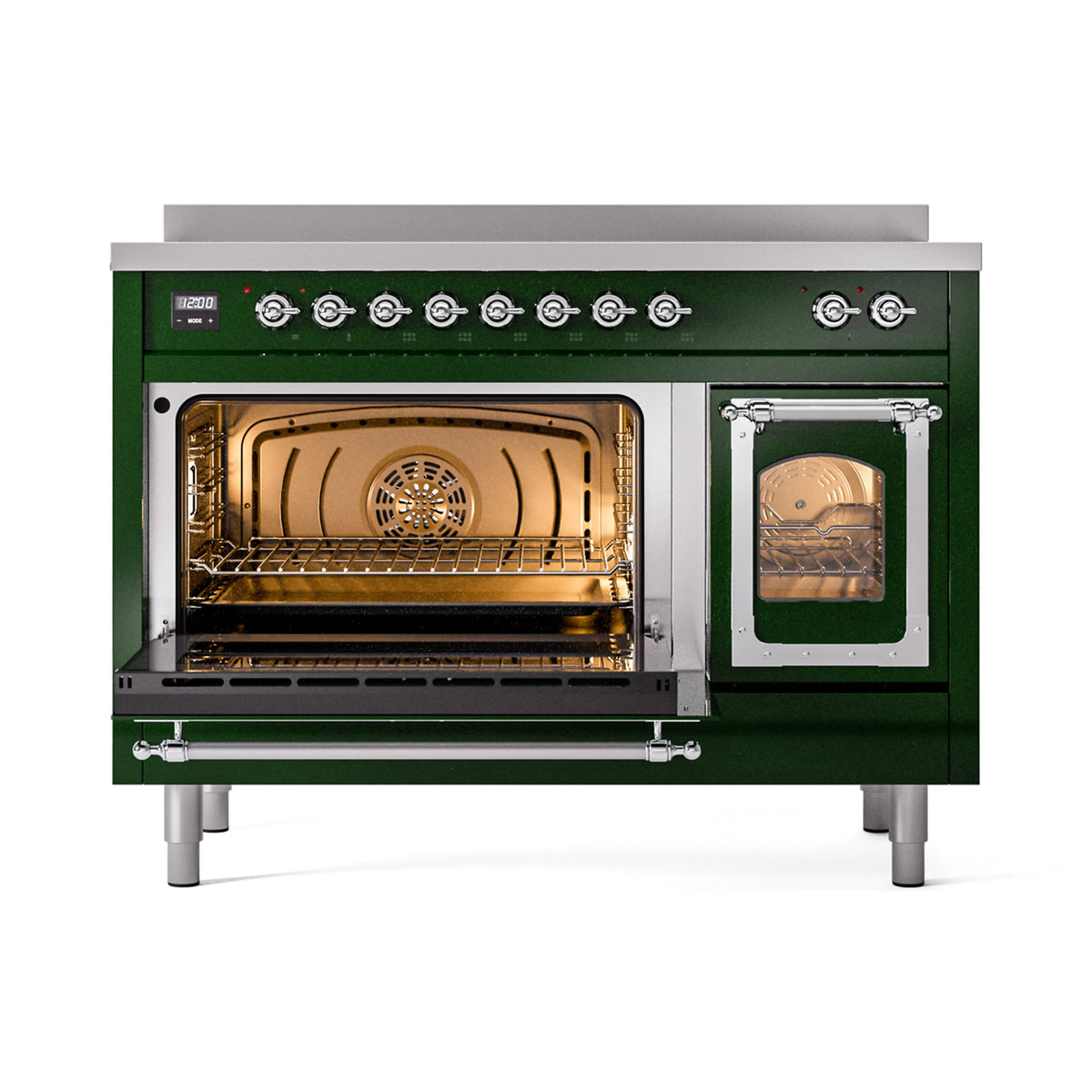 Emerald green induction range with triple glass doors, chrome trim, and open oven doors