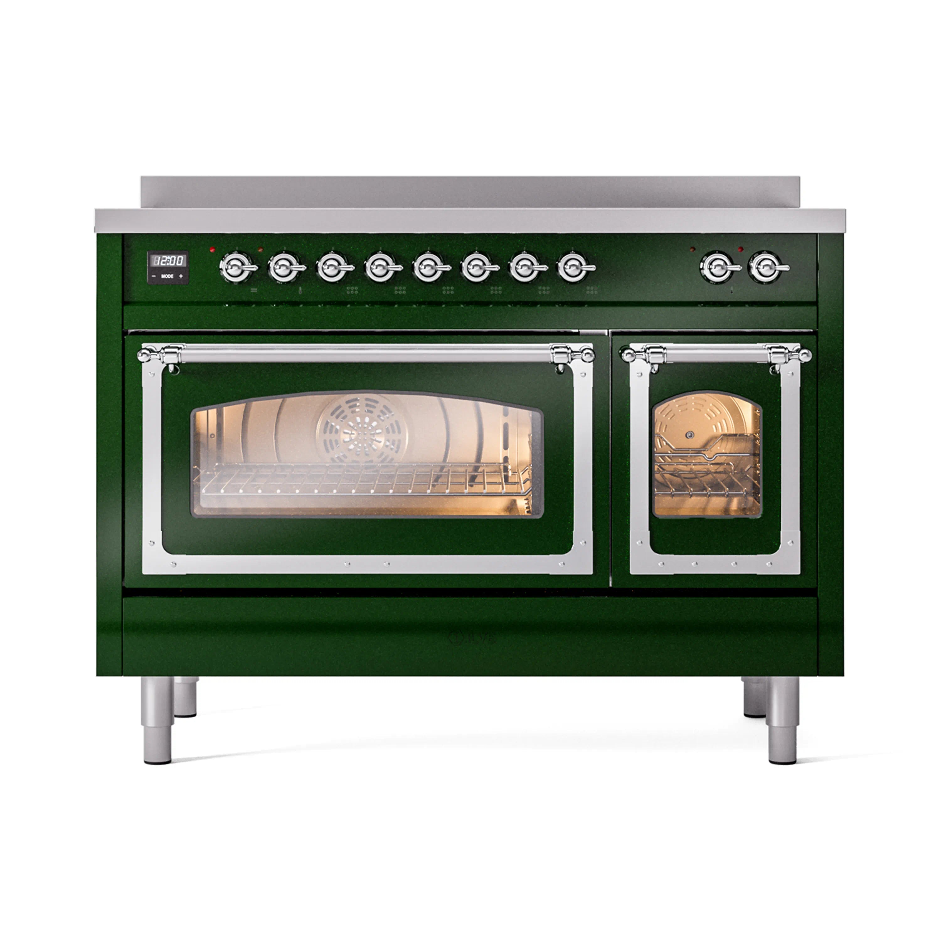 Emerald green induction range with chrome-trim oven doors open, back panel showing racks