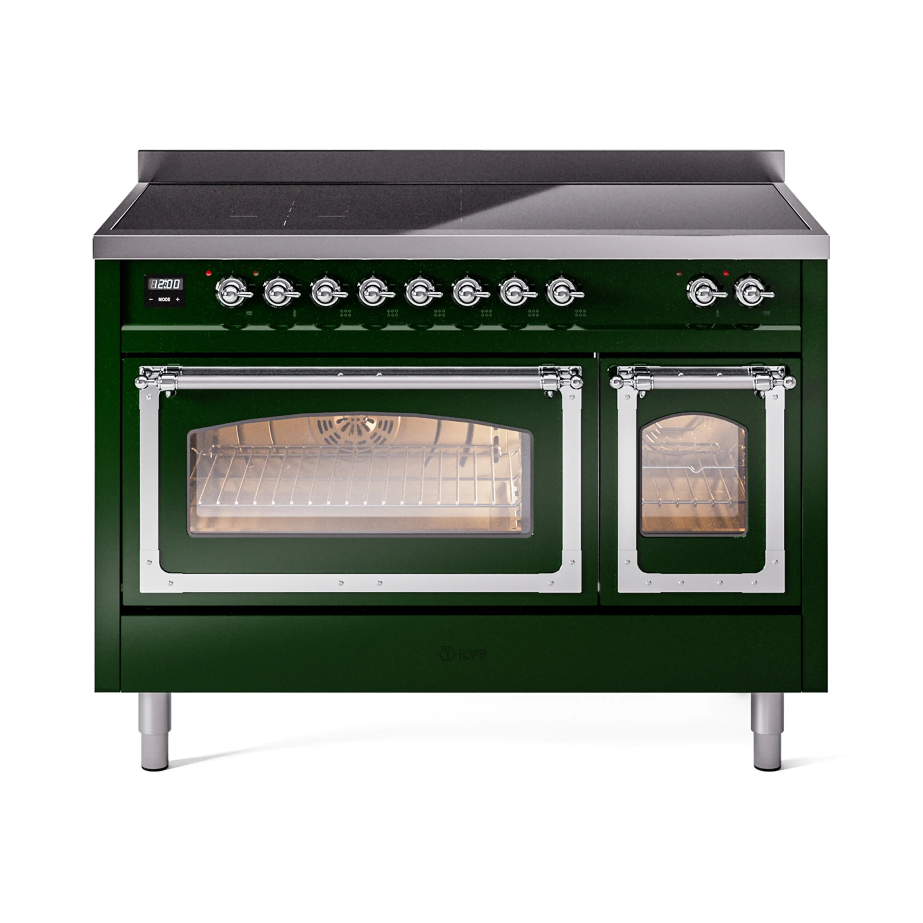 Emerald green induction range with two oven doors open and chrome trim