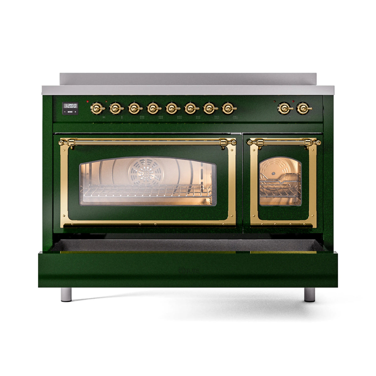 Emerald green induction range with both oven doors open and brass trim, front view