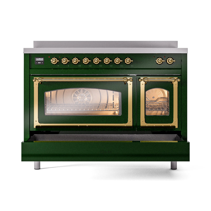 ILVE Nostalgie II Noblesse 48-Inch Induction Range with Triple Glass Door in Emerald Green with Brass Trim (UNI486NMPEGG)