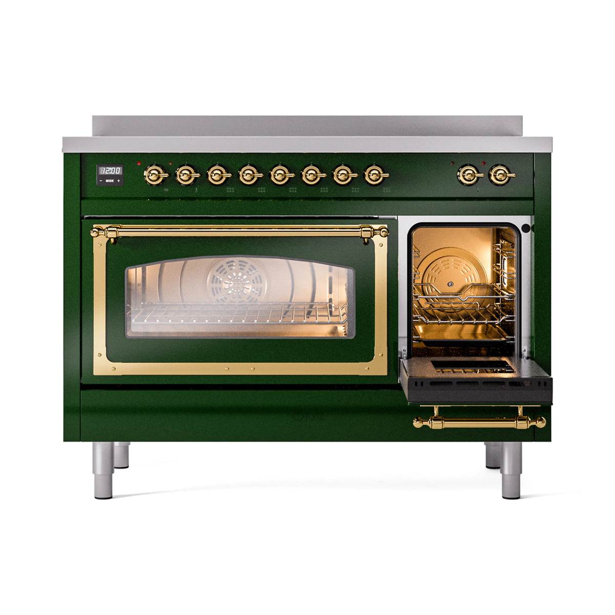 Emerald green induction range with triple glass doors and brass trim, side view