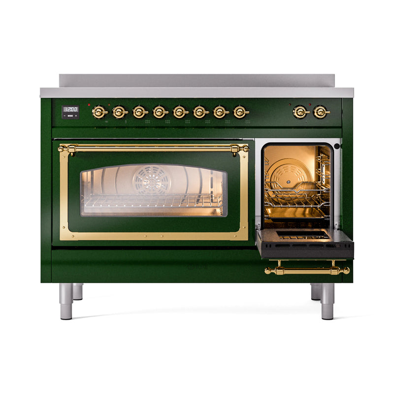 ILVE Nostalgie II Noblesse 48-Inch Induction Range with Triple Glass Door in Emerald Green with Brass Trim (UNI486NMPEGG)