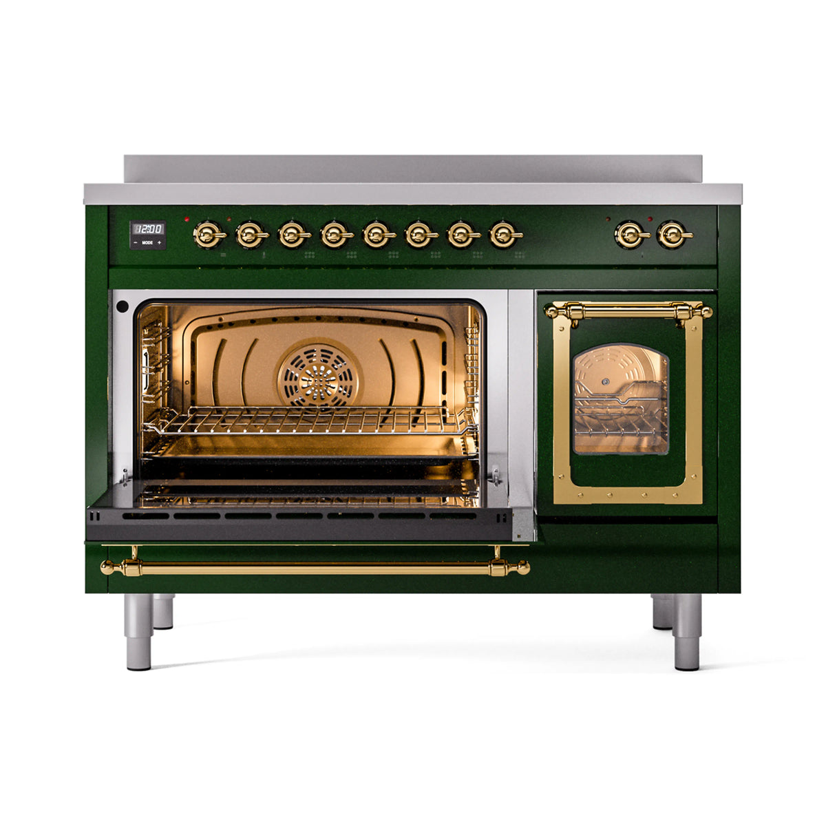 Emerald green induction range with open oven door and brass-framed glass, front view