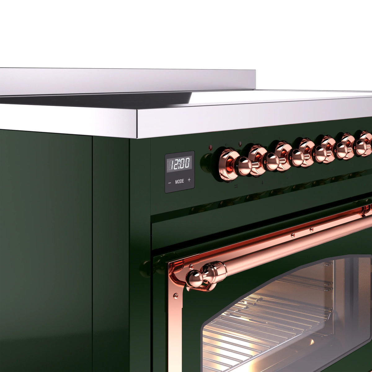 Emerald green induction range control area with copper knobs and digital time display