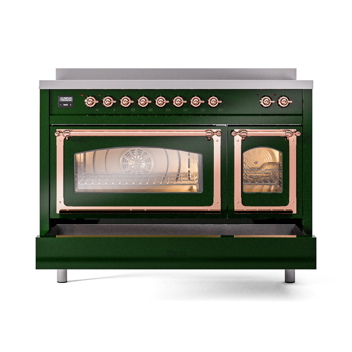 Emerald green induction range with copper-trimmed triple glass oven doors