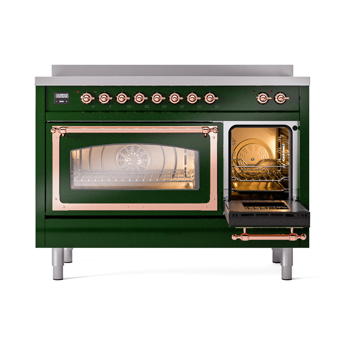 Emerald green induction range with one oven door open and copper handle trim