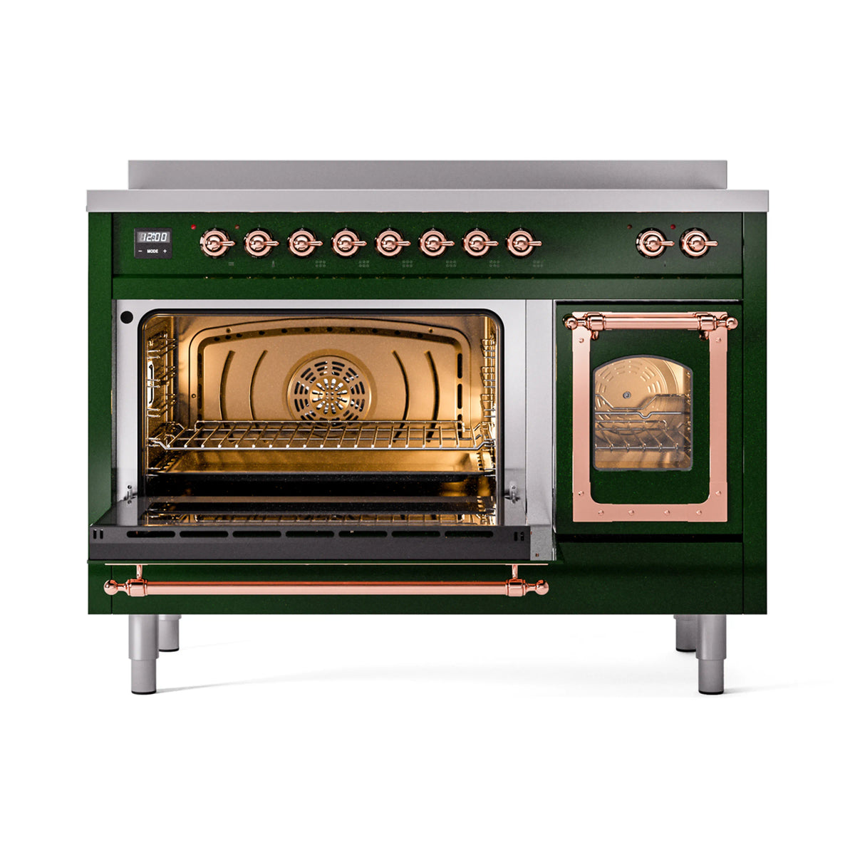 Emerald green induction range with both oven doors open, racks visible behind glass