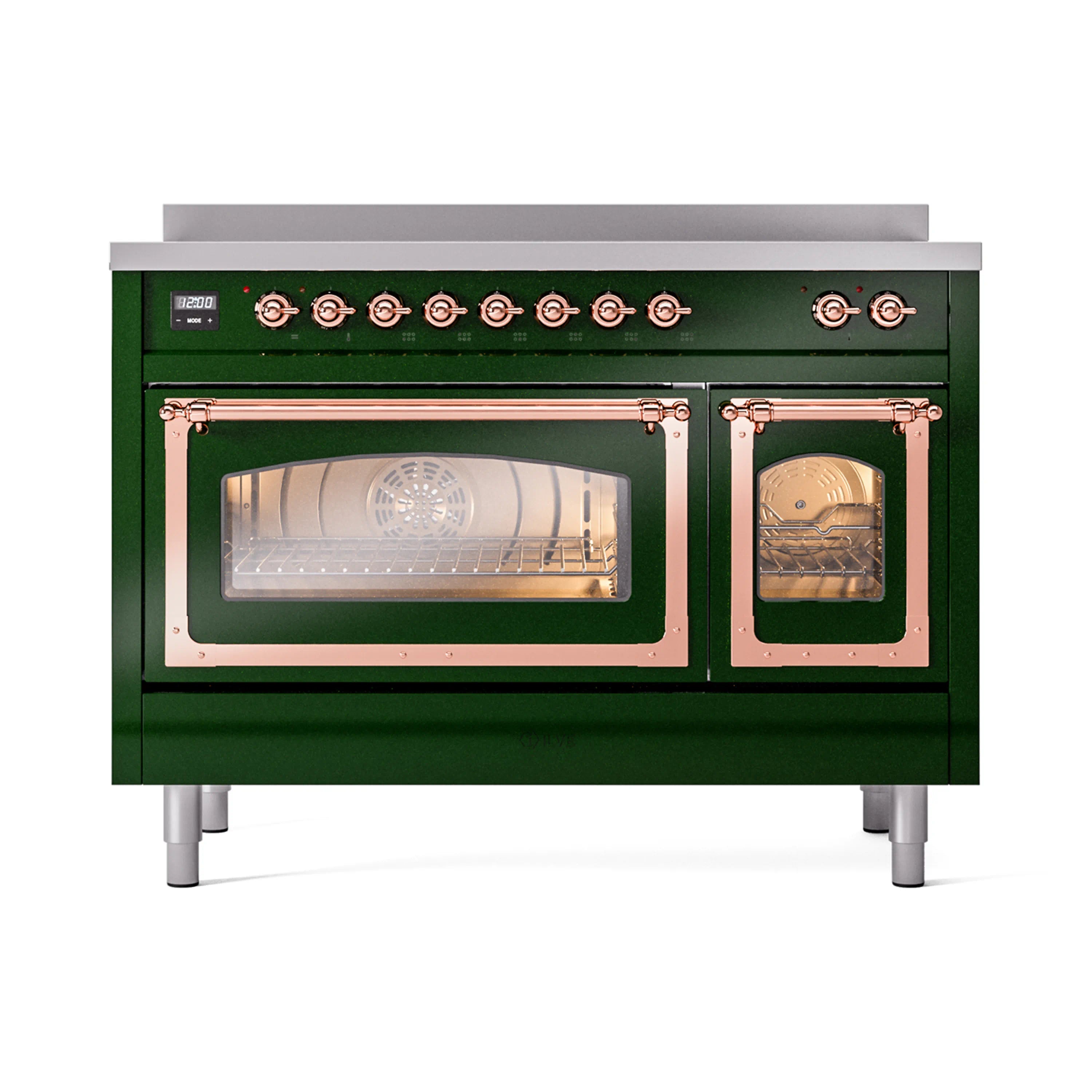 Emerald green induction range with copper-trimmed glass oven doors and handles