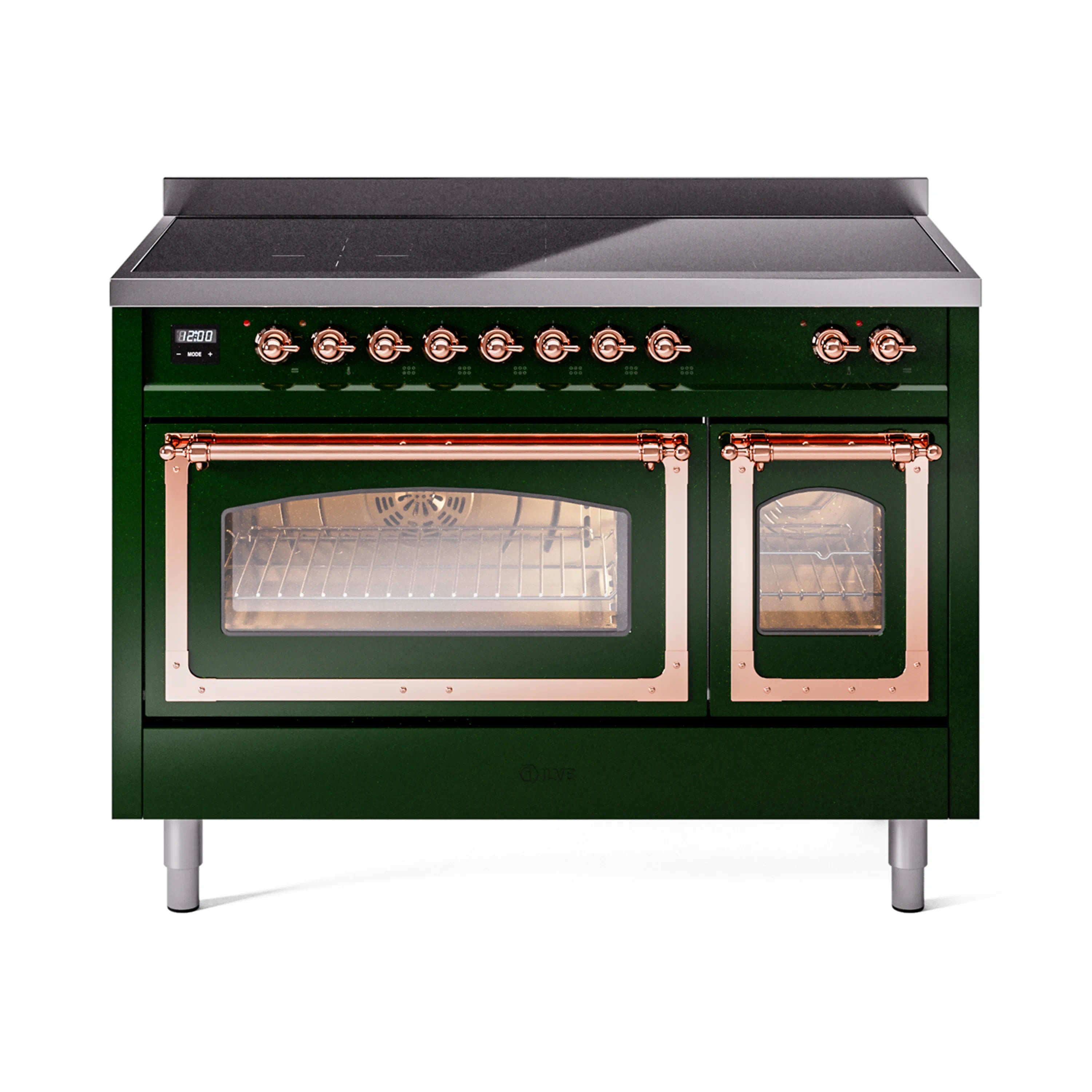 Emerald green induction range front with two open oven doors and copper-trimmed frames