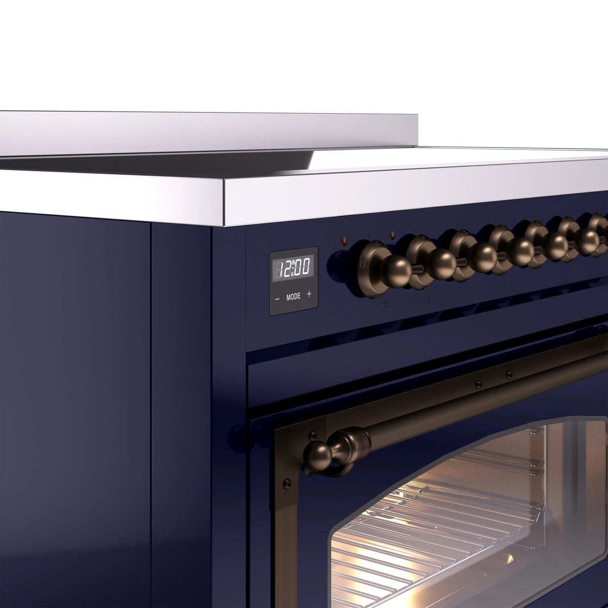 Bronze control knobs and clock display on midnight blue induction range, oven door open