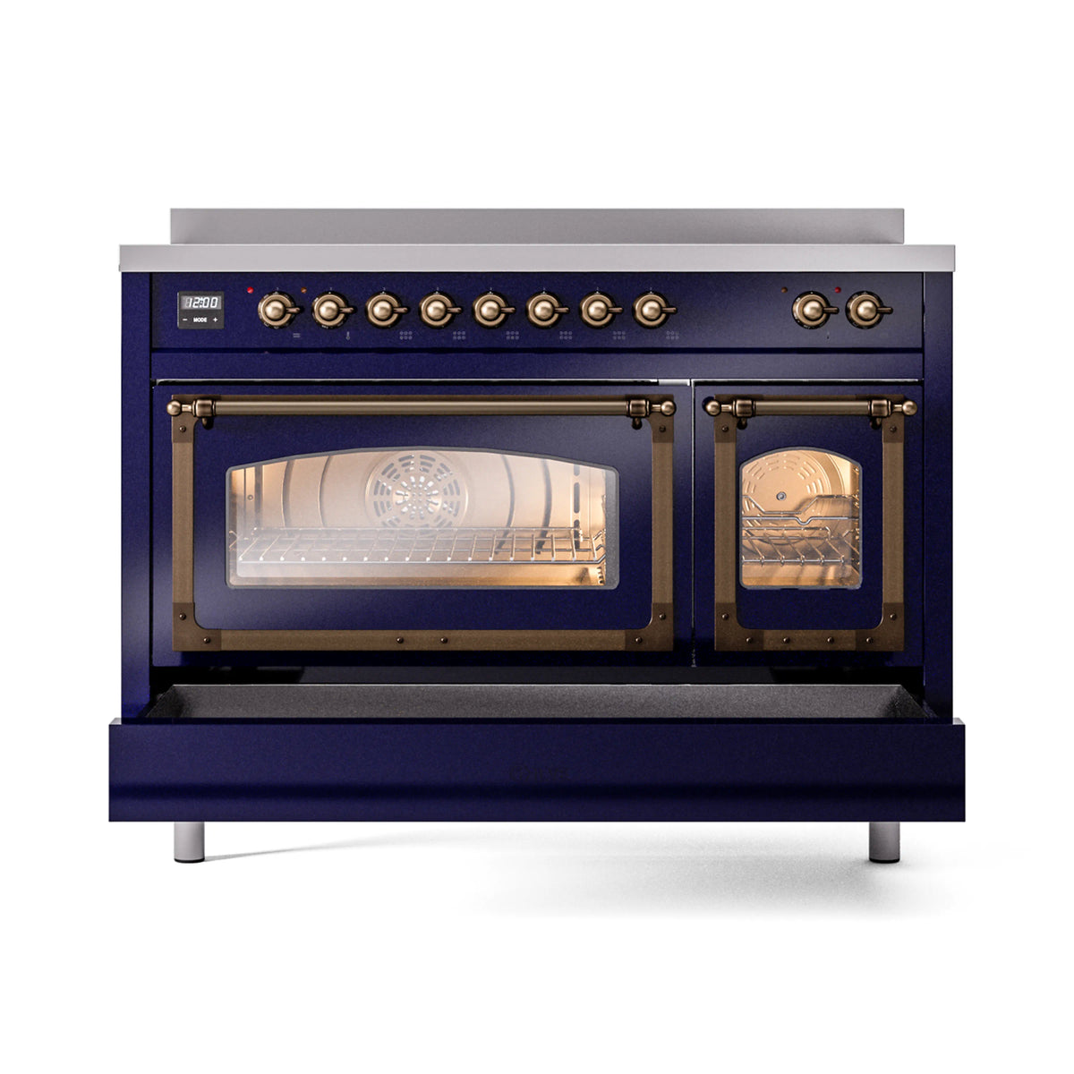 Midnight blue induction range with open left and right oven doors, bronze knobs